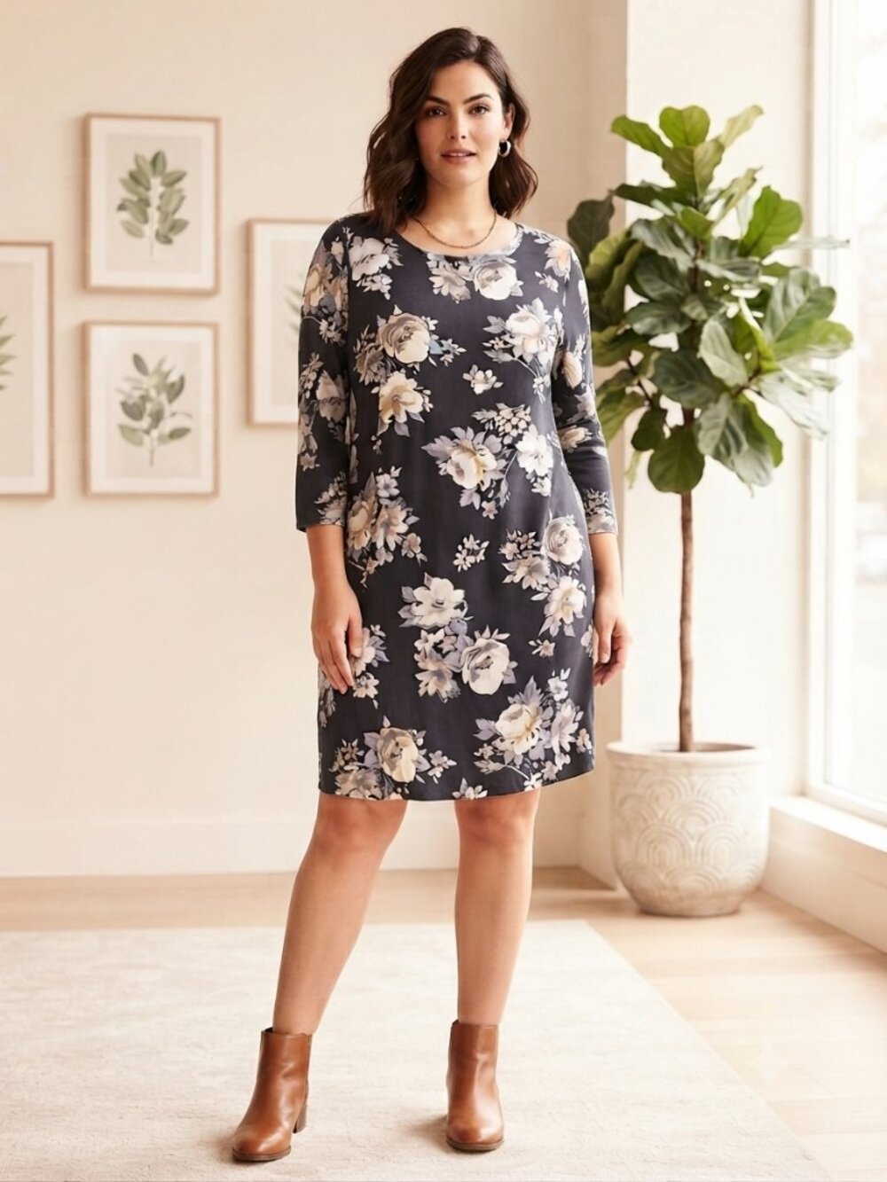 Black Dress Cream & Light Gray Floral Design